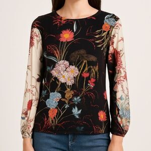 Hale Bob Floral Print Long Sleeve Top Black Multicolor Boho Blouse Small